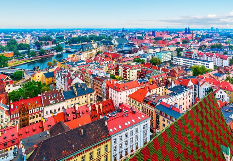 Scenic summer aerial panorama of the Old Town architecture in Wroclaw, Poland